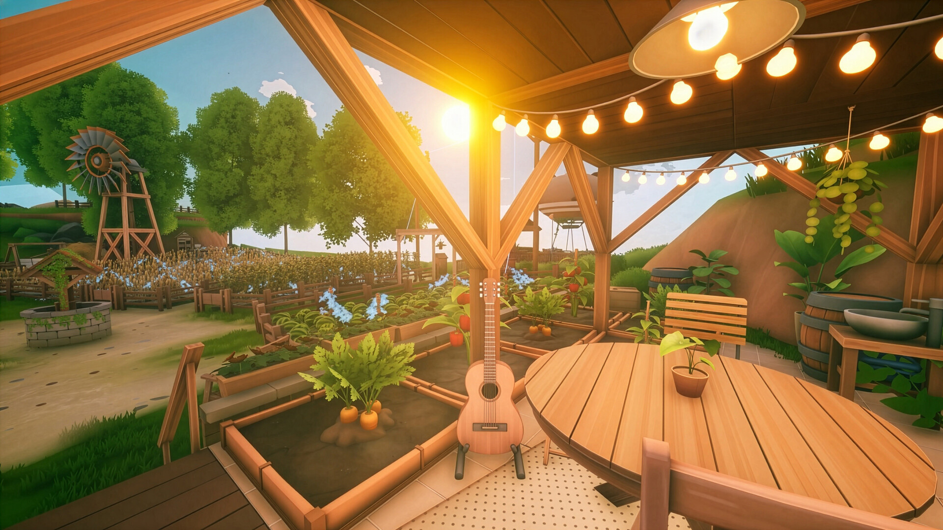 A covered Solarpunk patio with string lights, an acoustic guitar and a table, overlooking sprinkler-watered carrot and tomato beds and a windpump tower at sunset