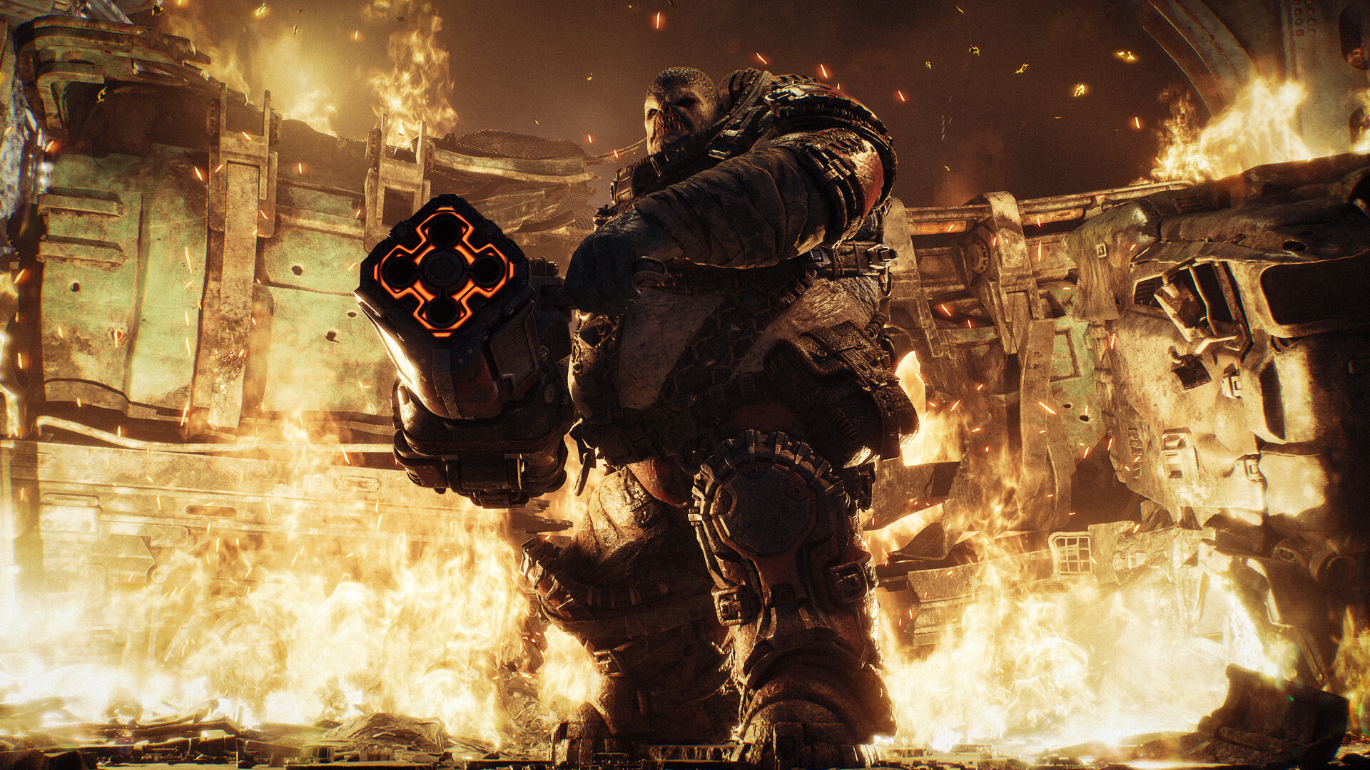 A Boomer advances through fire with its Boomshot raised