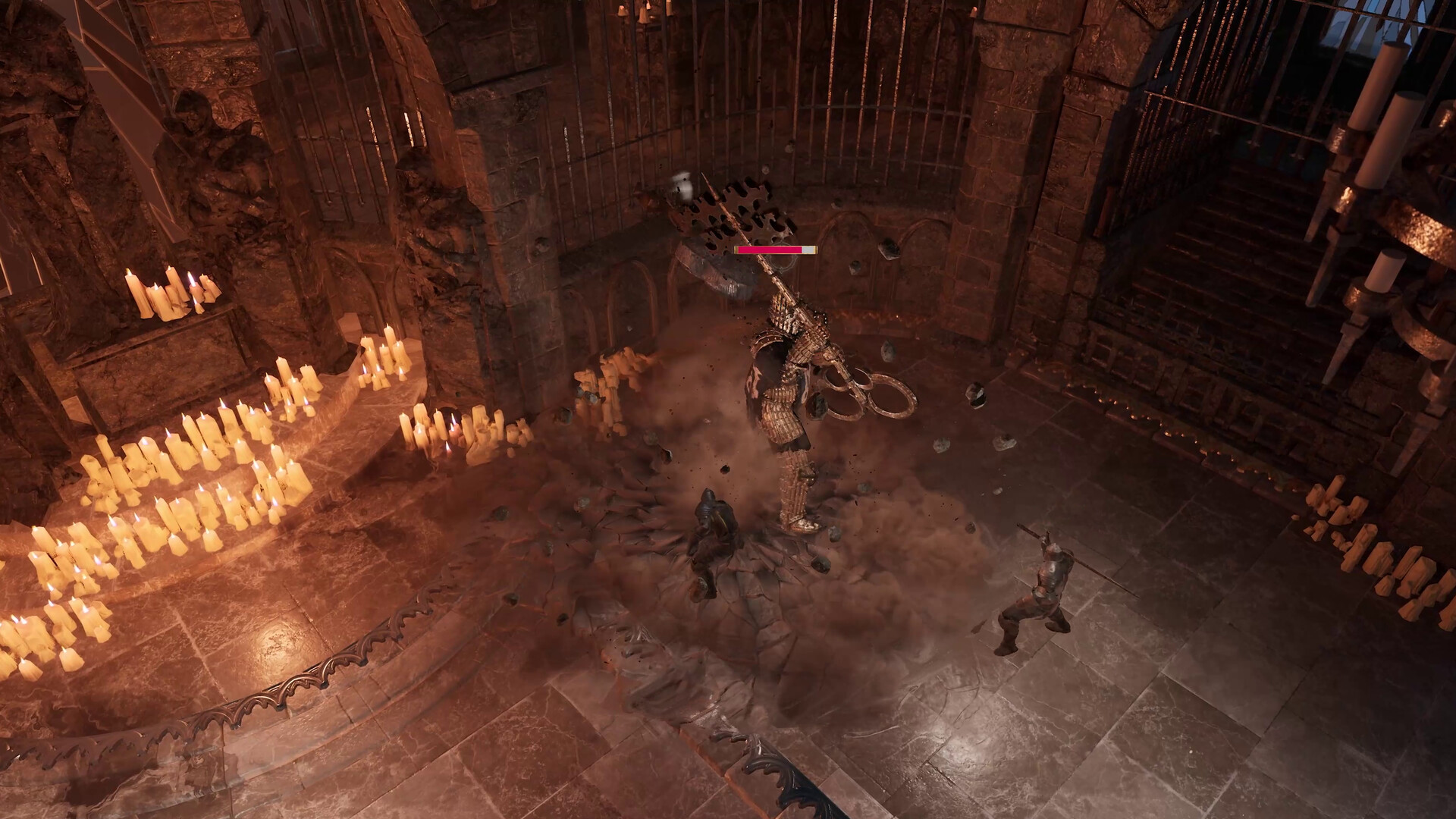Two knights take on a towering polearm-wielding enemy in a candlelit hall
