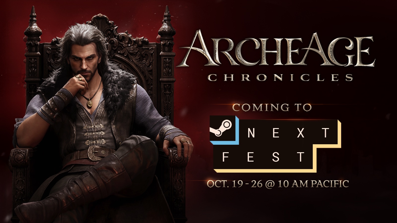 ArcheAge Chronicles demo key art showing a long-haired man in a fur collar seated on a carved wooden throne, with the demo dates of 19 to 26 October