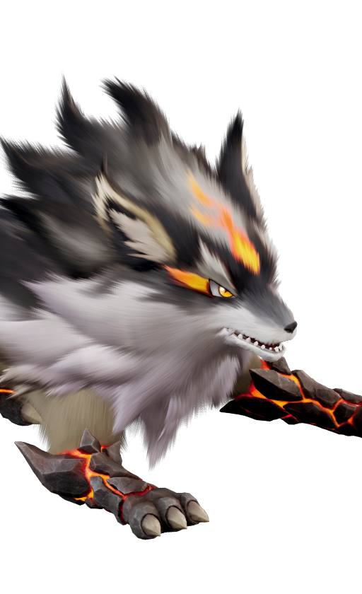 Official full-body artwork of the Aniimo Flameruff in its Highland Form, a Fire and Rock element DPS role creature