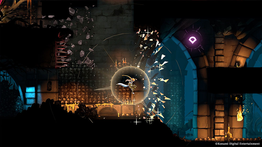 Rose releases a circular burst of energy in a candlelit ossuary lined with skulls