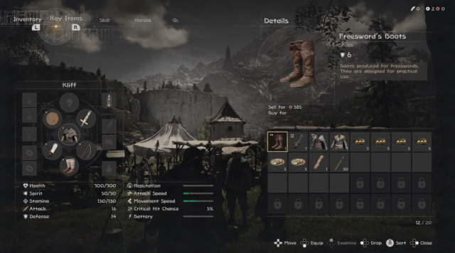 Character stats and Knowledge system menu screen in Crimson Desert