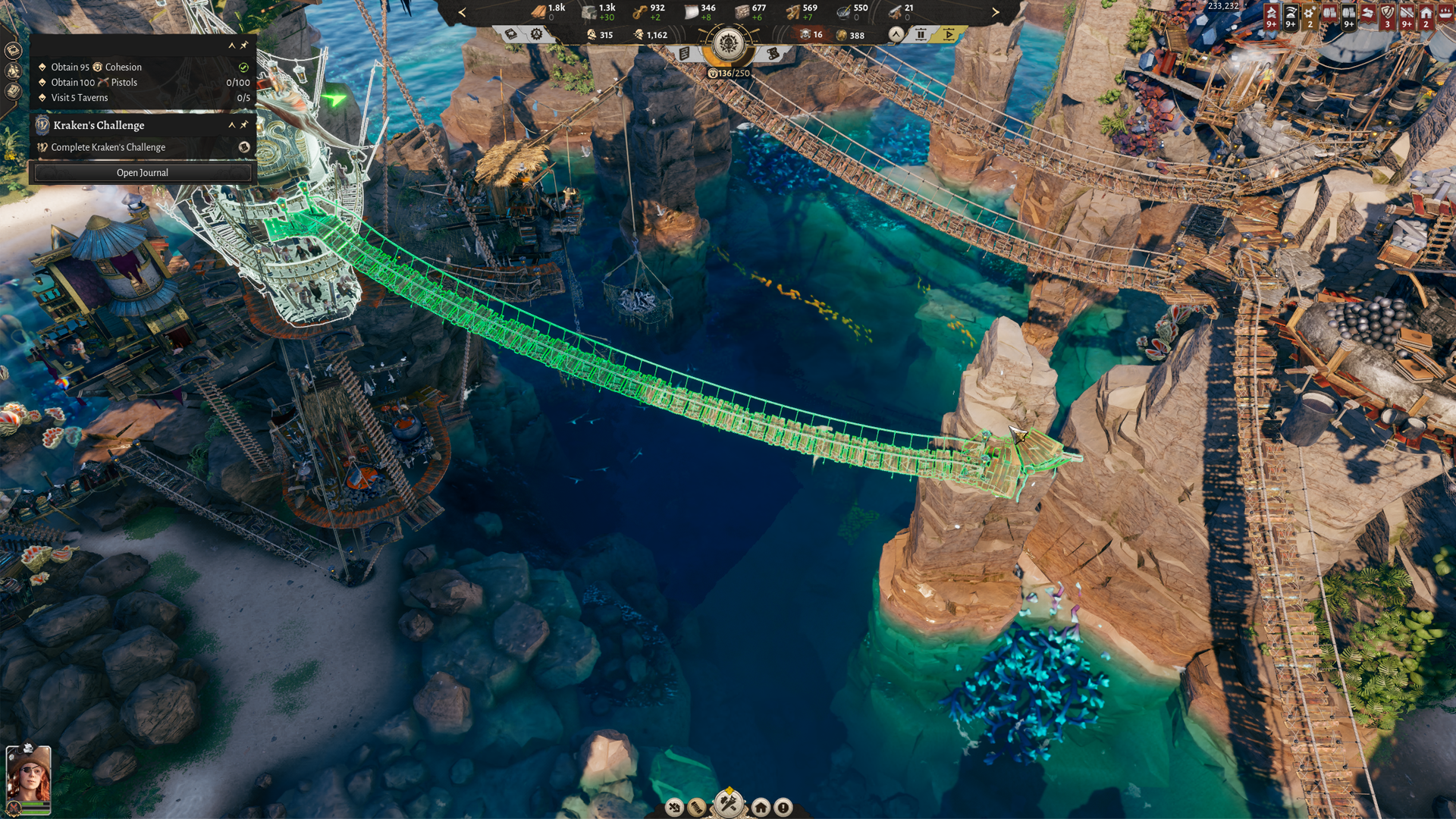 Rope bridge spanning two cliff faces and linking parts of the haven