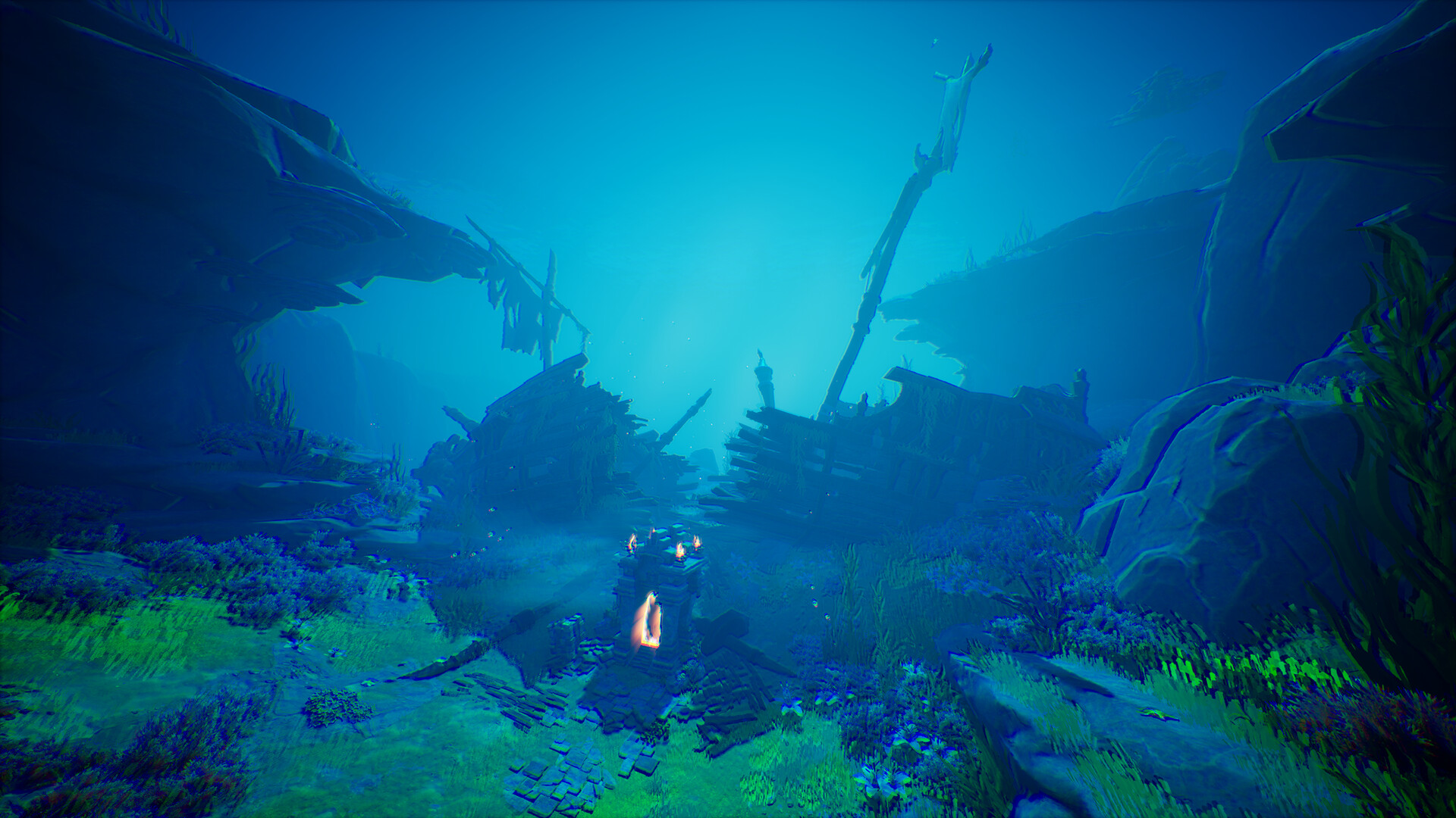 An underwater area in DragonSword : Awakening showing a sunken ship's hull and mast among rocks and seagrass, with a lit shrine on the seabed