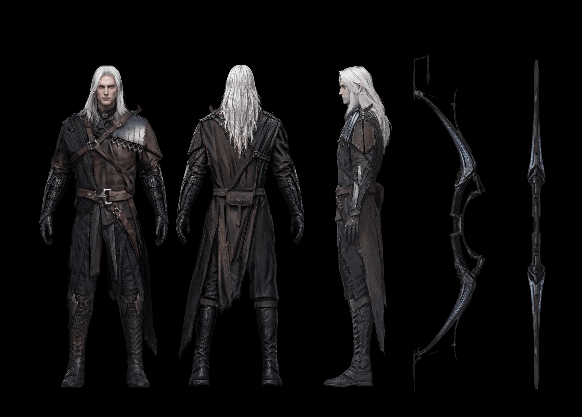 Nightstalker character turnaround and longbow design sheet from the September 2026 dev note, showing front, back and side views beside the bow and an arrow