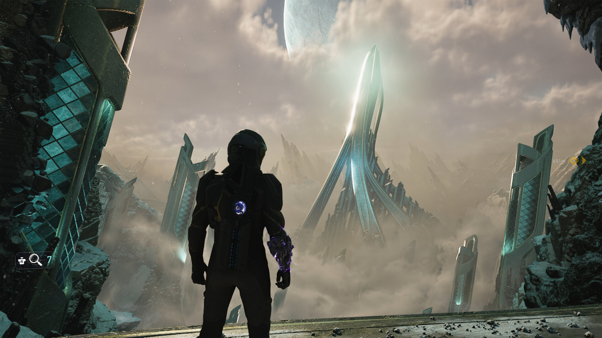 A Traveler on a ledge overlooking a snowbound Celestial site, a curved spire catching the light and a large moon hanging low in the clouded sky