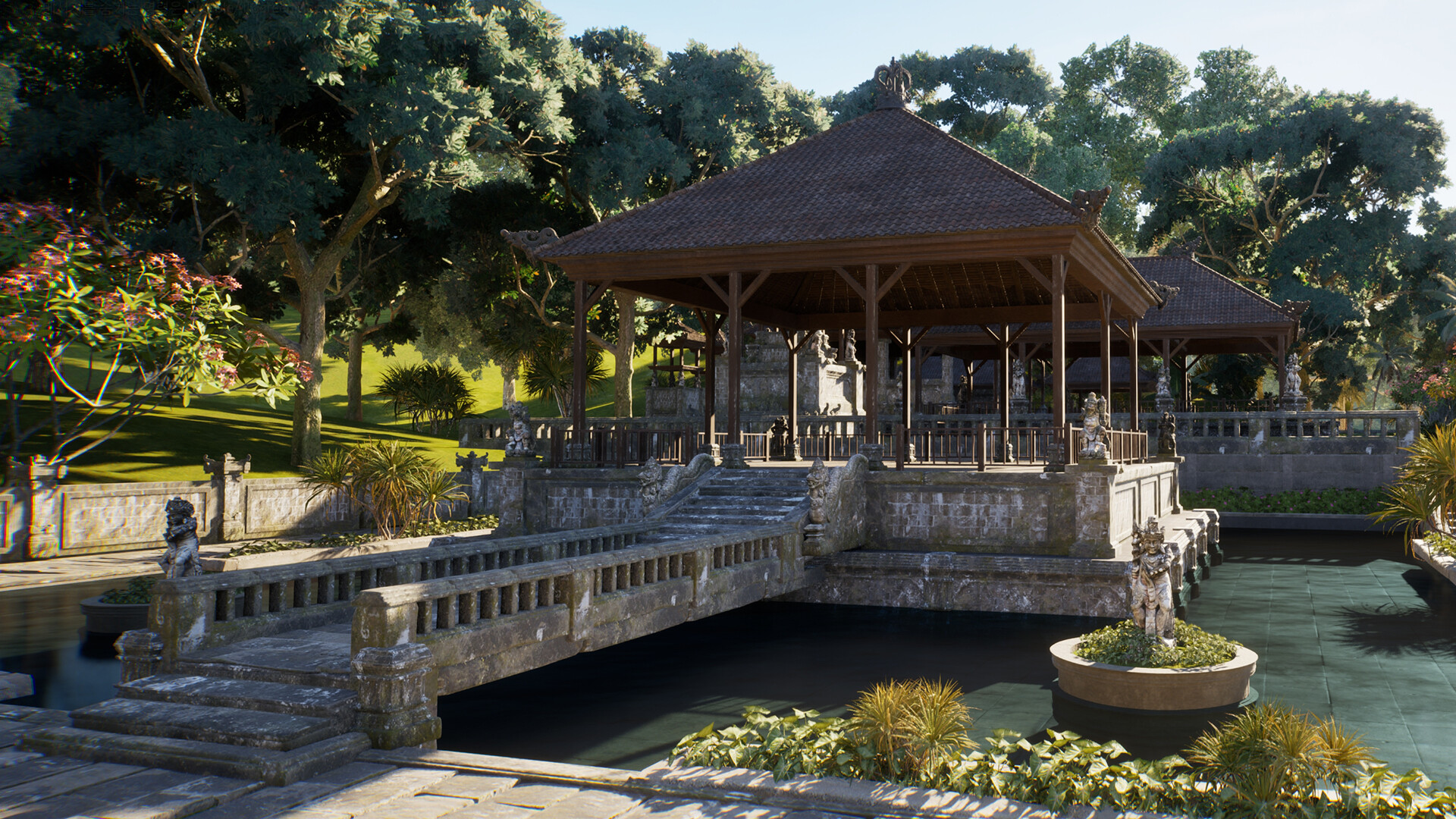 A Balinese-style pavilion and stone bridge at Miatara Temple