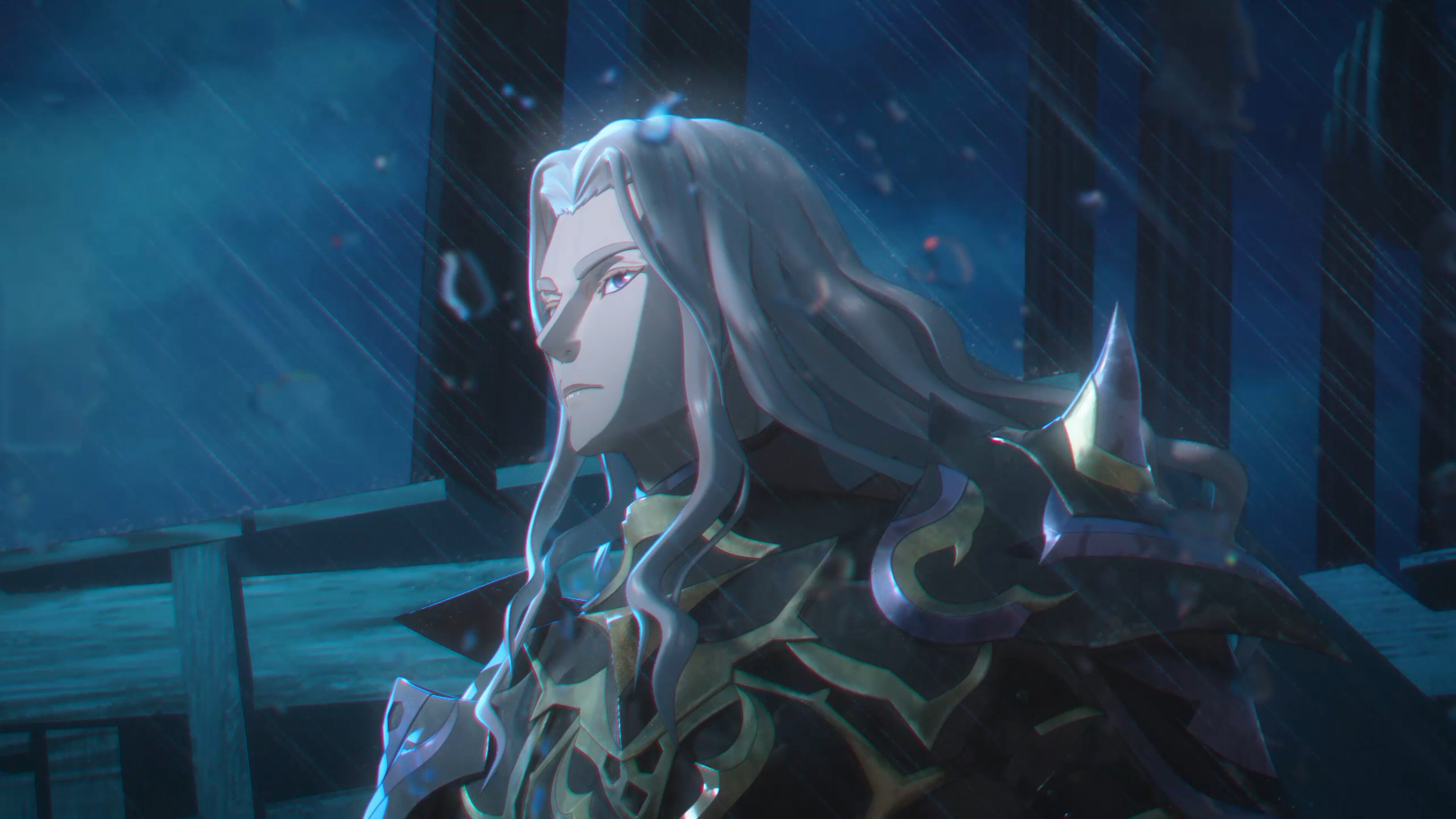 A long pale-haired figure in dark gold-filigreed armour standing in night rain on a wooden waterfront