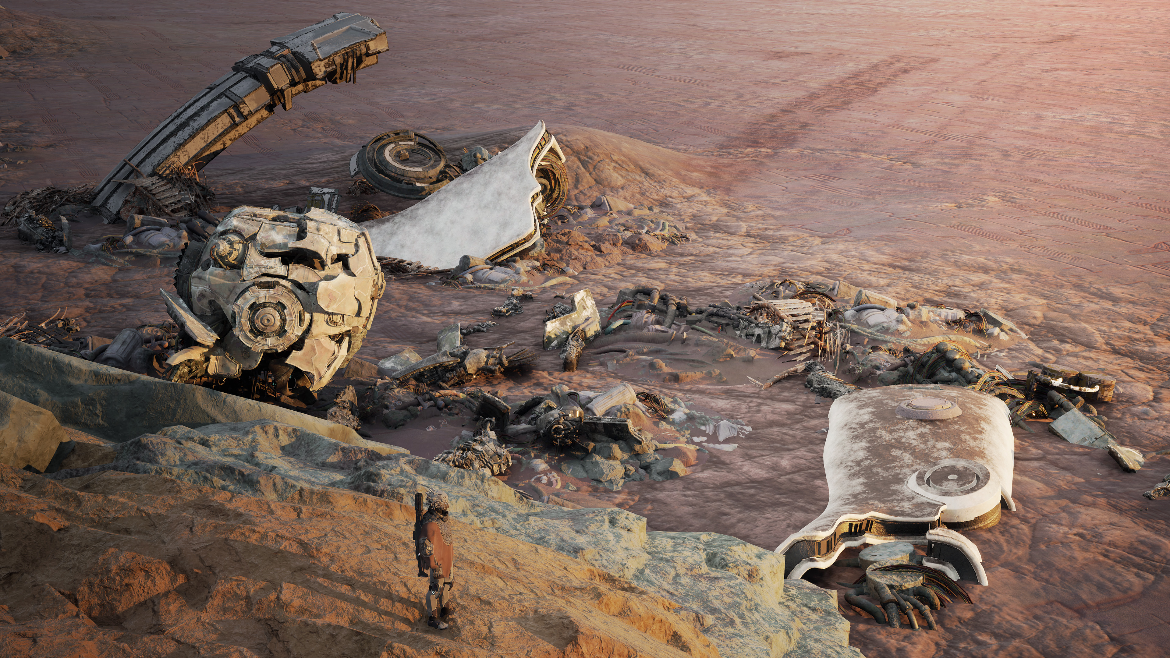 The player character stands on a rocky outcrop overlooking a rust-red plain scattered with the wreckage of giant machines in gen ATLAS