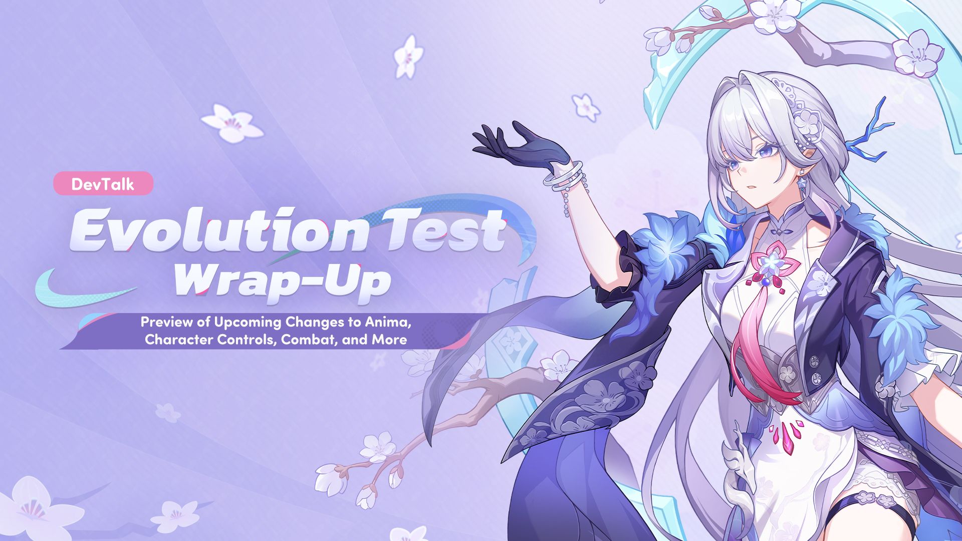 DevTalk Evolution Test Wrap-Up key art: a silver-haired woman in a dark blue and white outfit reaching upward amid cherry blossoms on a lilac background