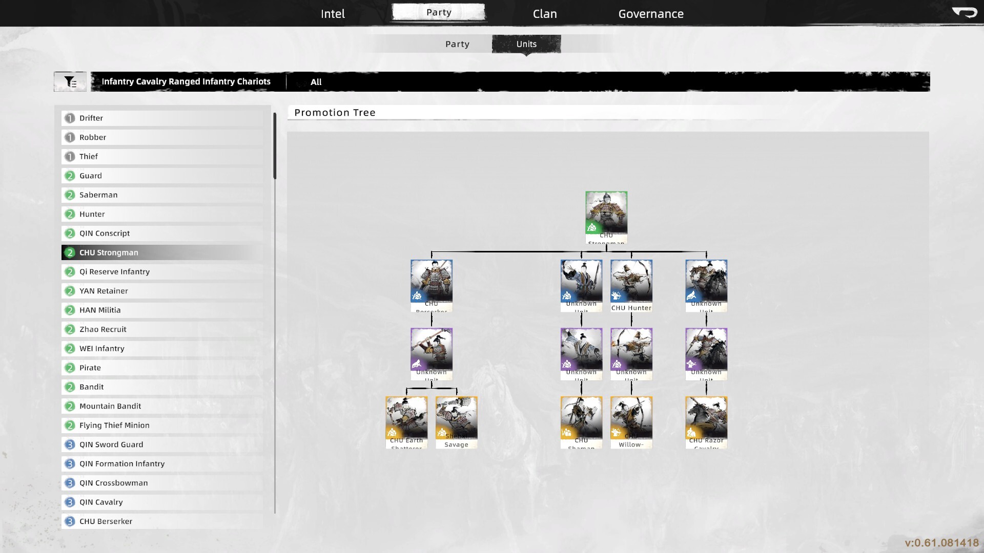 Units screen under the Party tab, with the infantry, cavalry, ranged infantry and chariot filters across the top, tier-numbered entries down the left, and a Promotion Tree panel branching a tier two Chu unit through its advanced lines.