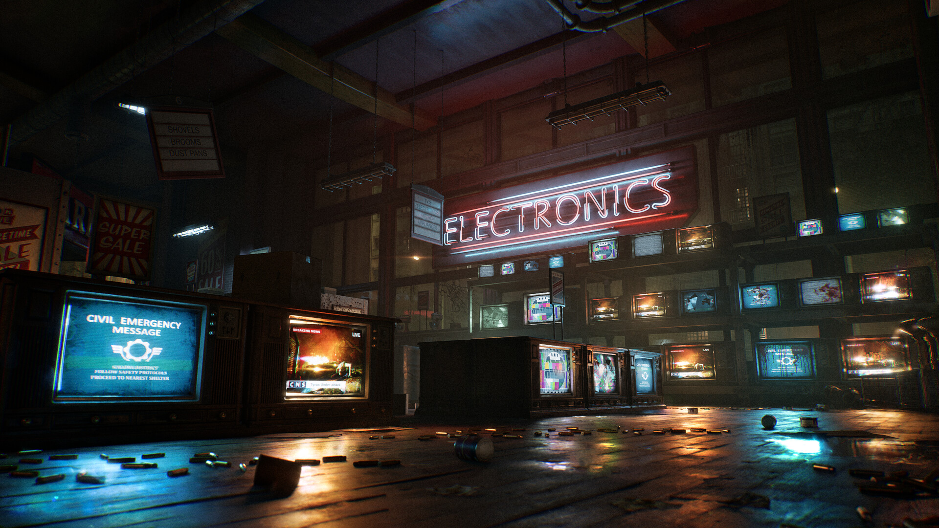 A Kalona electronics shop with a wall of televisions carrying a civil emergency broadcast