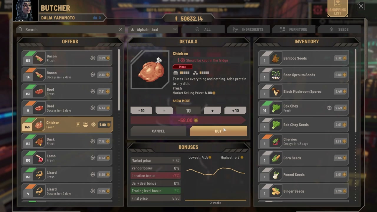 The butcher shop interface from the official gameplay video, with the offers list of Dalia Yamamoto, the chicken detail card, the bonuses breakdown and the player seed inventory