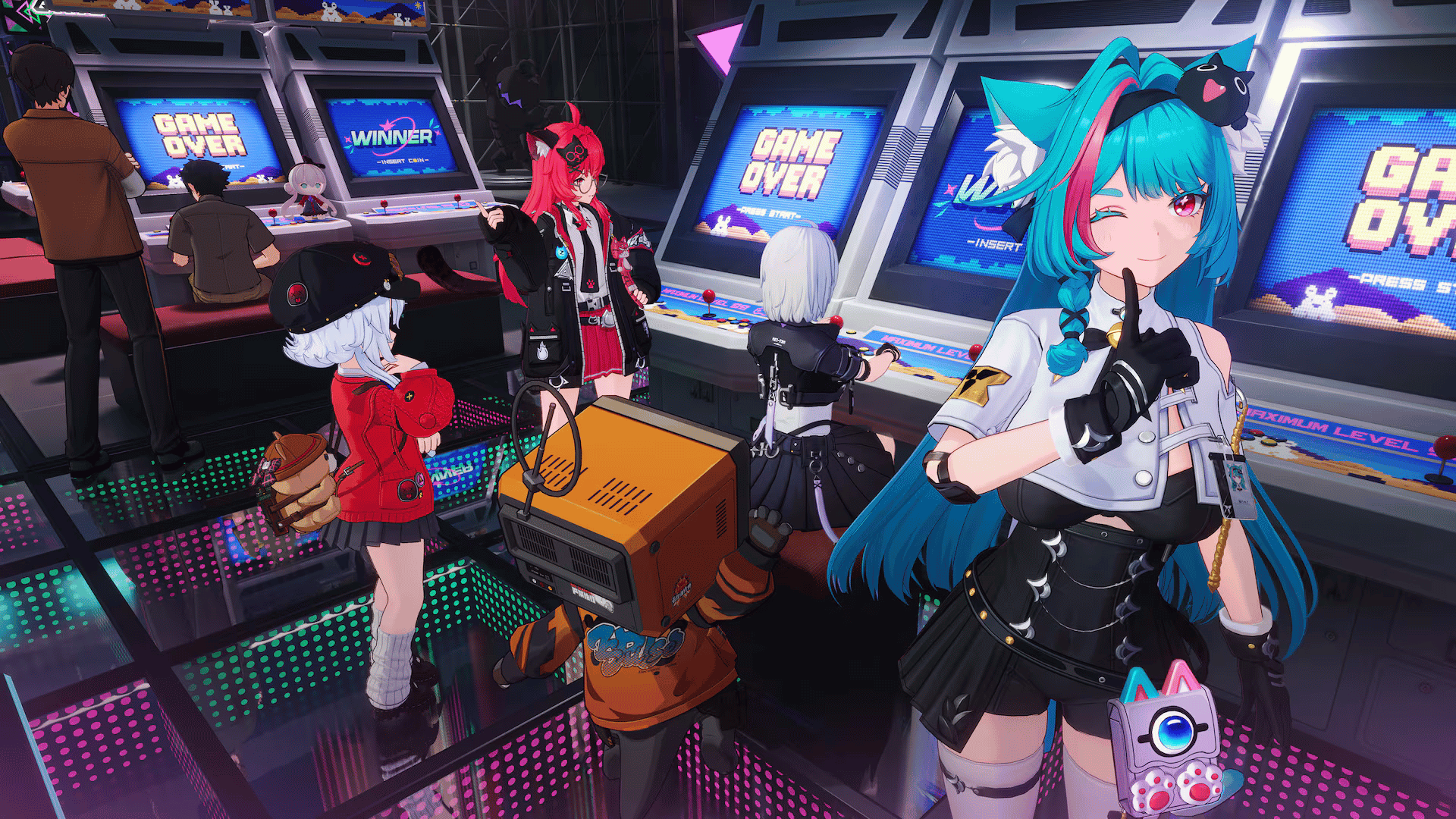 Characters gathering at an arcade game center in Neverness to Everness