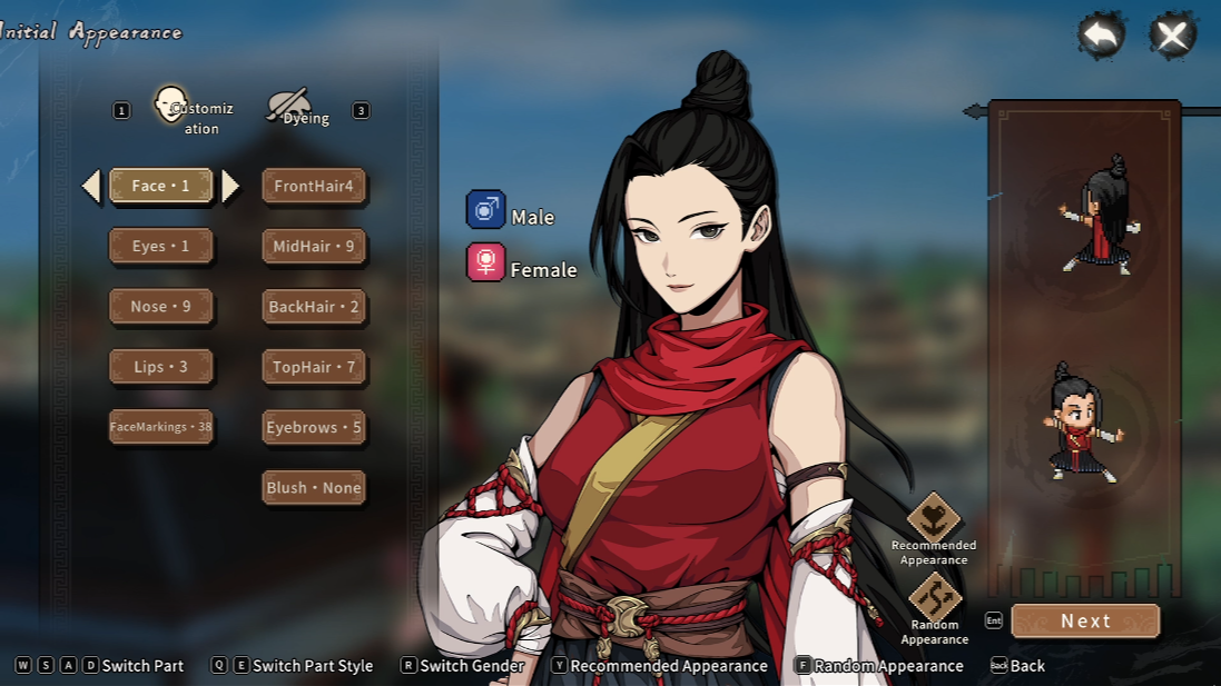 The initial appearance screen of character creation, with a male or female toggle, face and hair part options, dye tab, and the female protagonist in a red scarf beside her pixel-art sprite