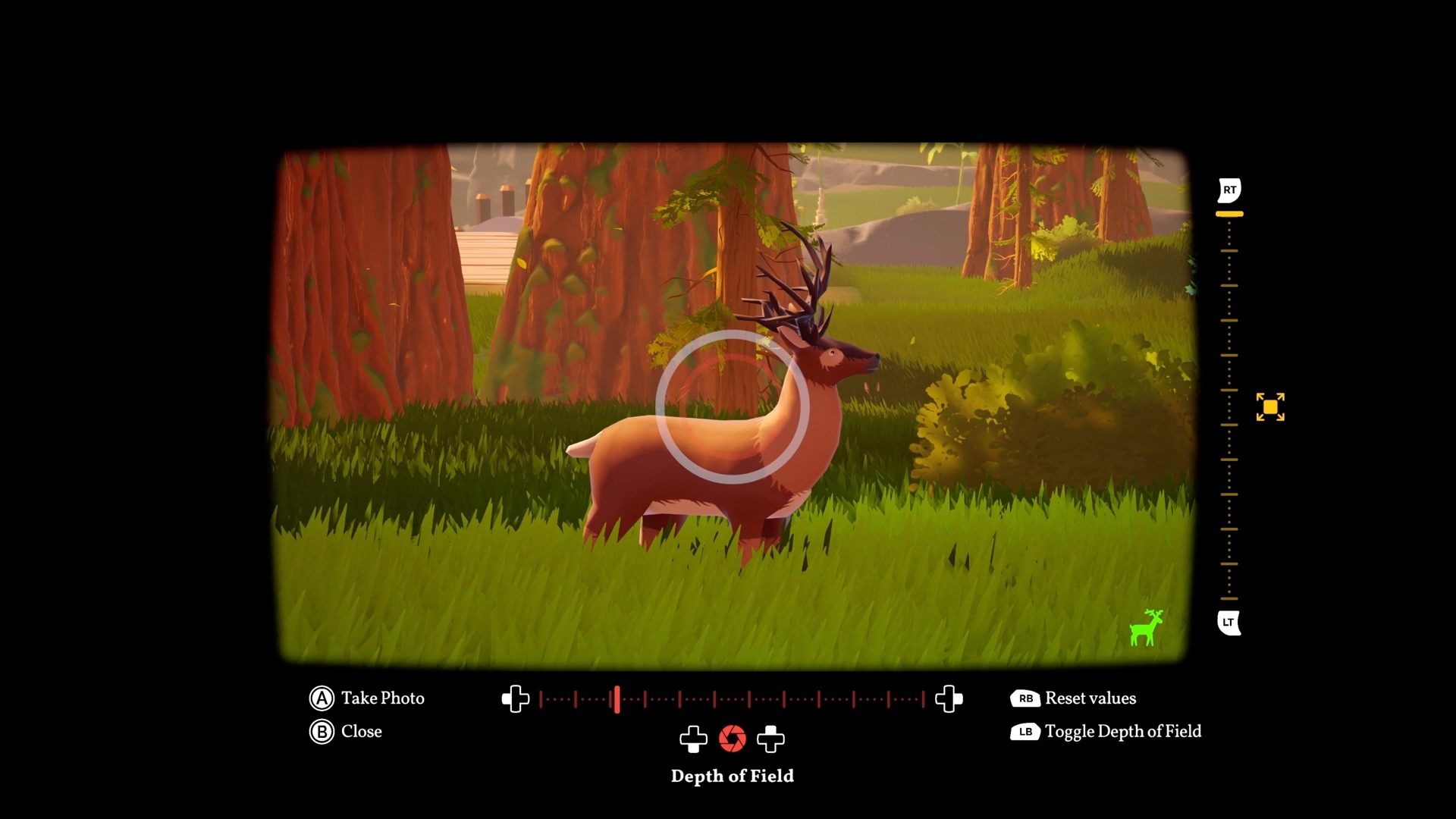 The Photo Camera viewfinder framing a deer among redwoods, with a depth of field slider and prompts for Take Photo, Close, Reset values and Toggle Depth of Field