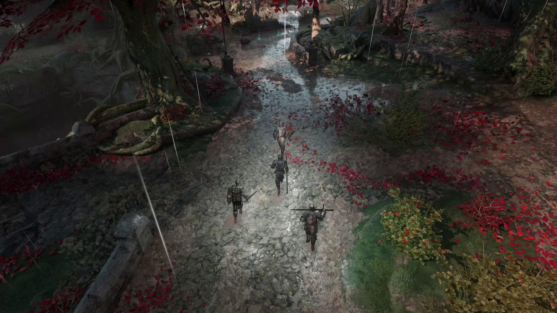 A party of four knights runs a forest stream bed together, the co-op group at full size