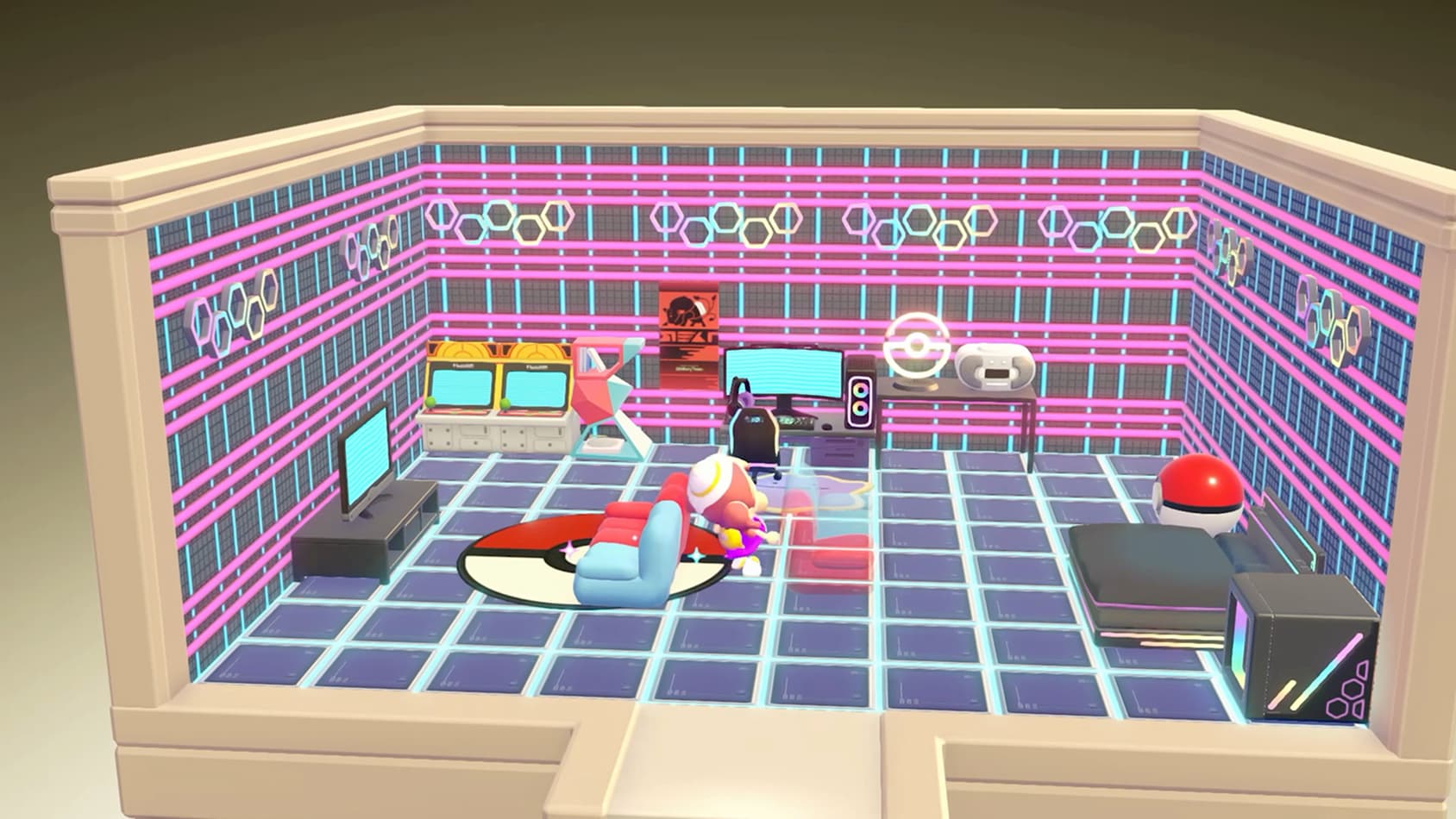 A neon-decorated room interior with colorful lights, modern furniture, and stylish Pokemon-themed decor