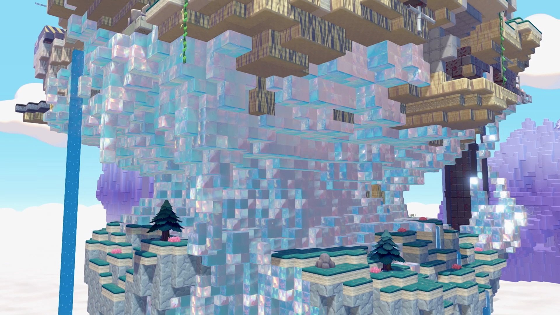 A floating crystal and ice-covered Dream Island structure high in the sky with ethereal blue and purple tones