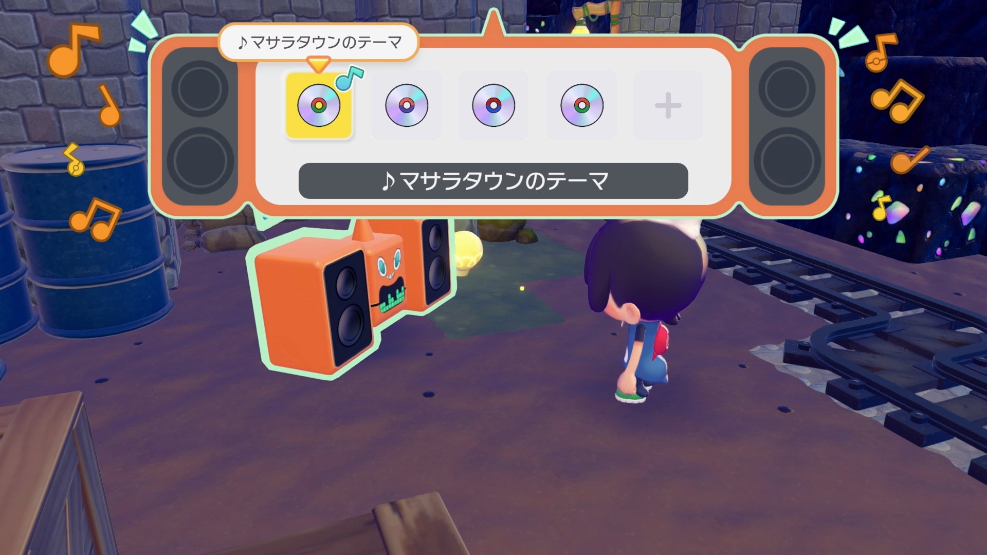 DJ Rotom music selection interface showing CDs and the Pallet Town theme music playing with musical notes floating around