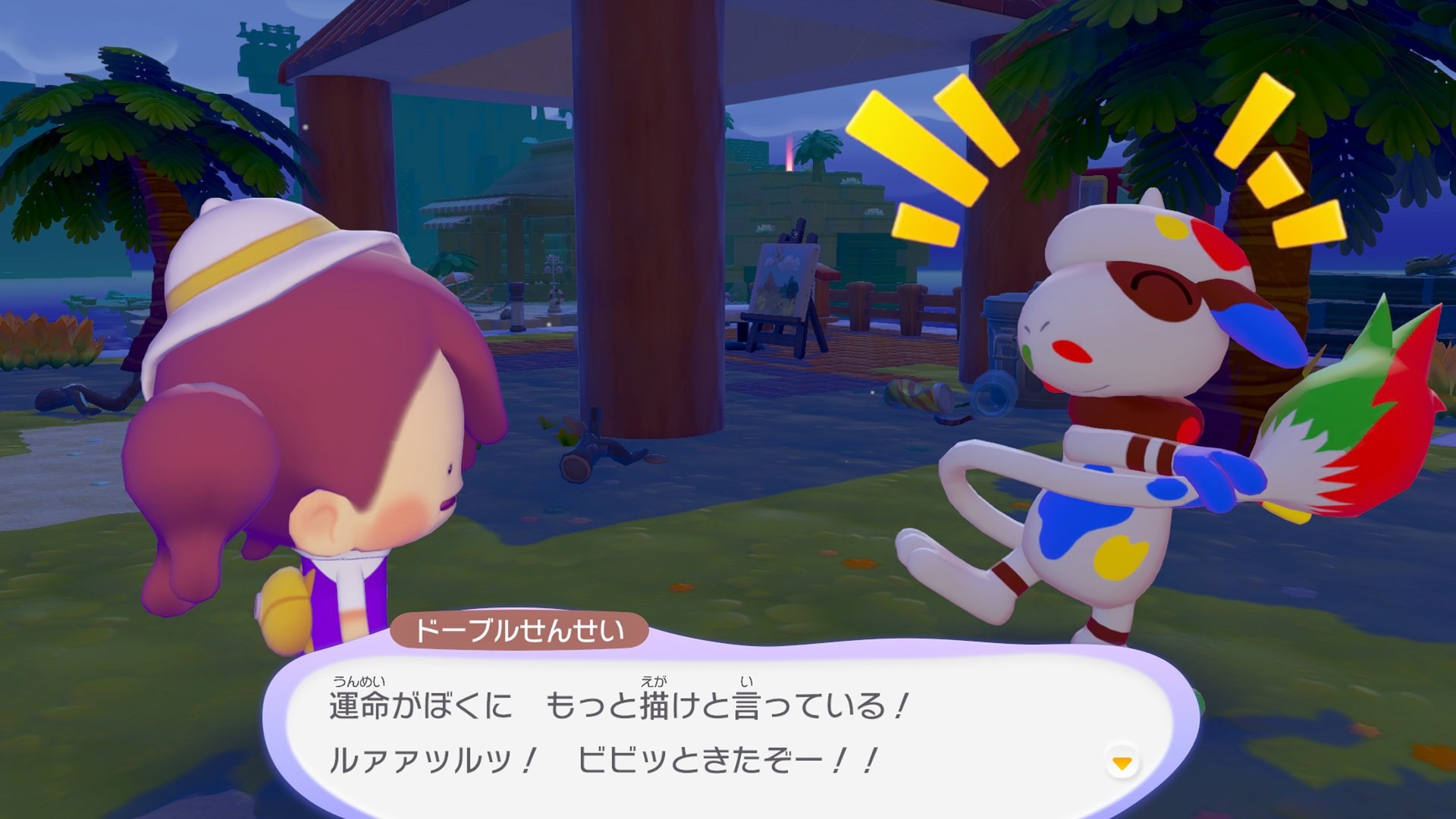 Smearguru excitedly talking to a player character near its painting easel at the town plaza