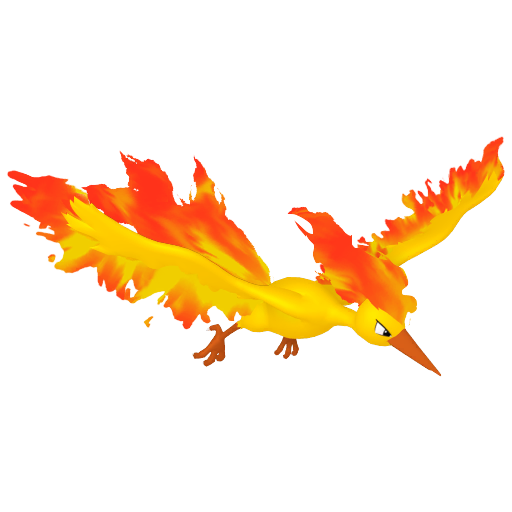 Moltres sprite from Pokemon Pokopia showing the Flame Pokemon with Fly specialty