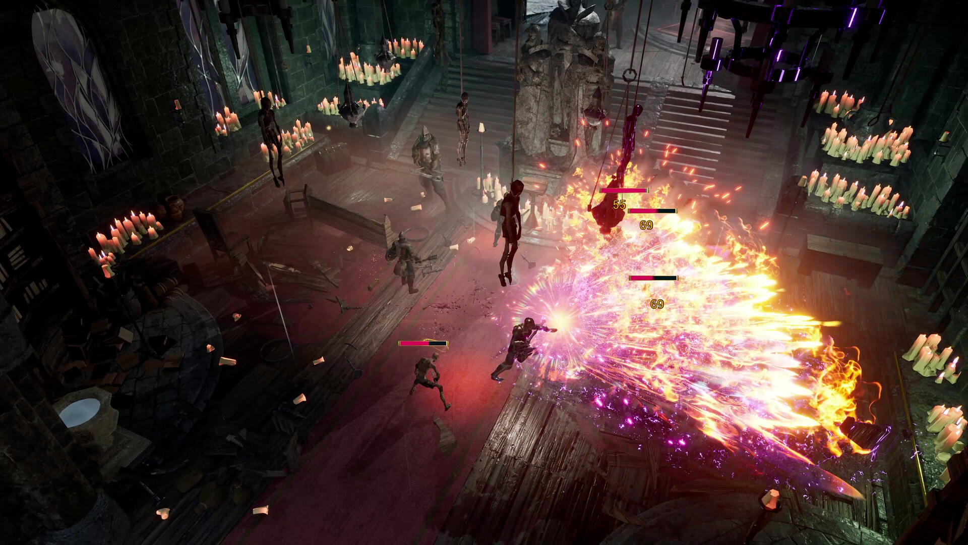 A knight unleashes a wide elemental blast across a candlelit hall, damage numbers rising over the enemies caught in it