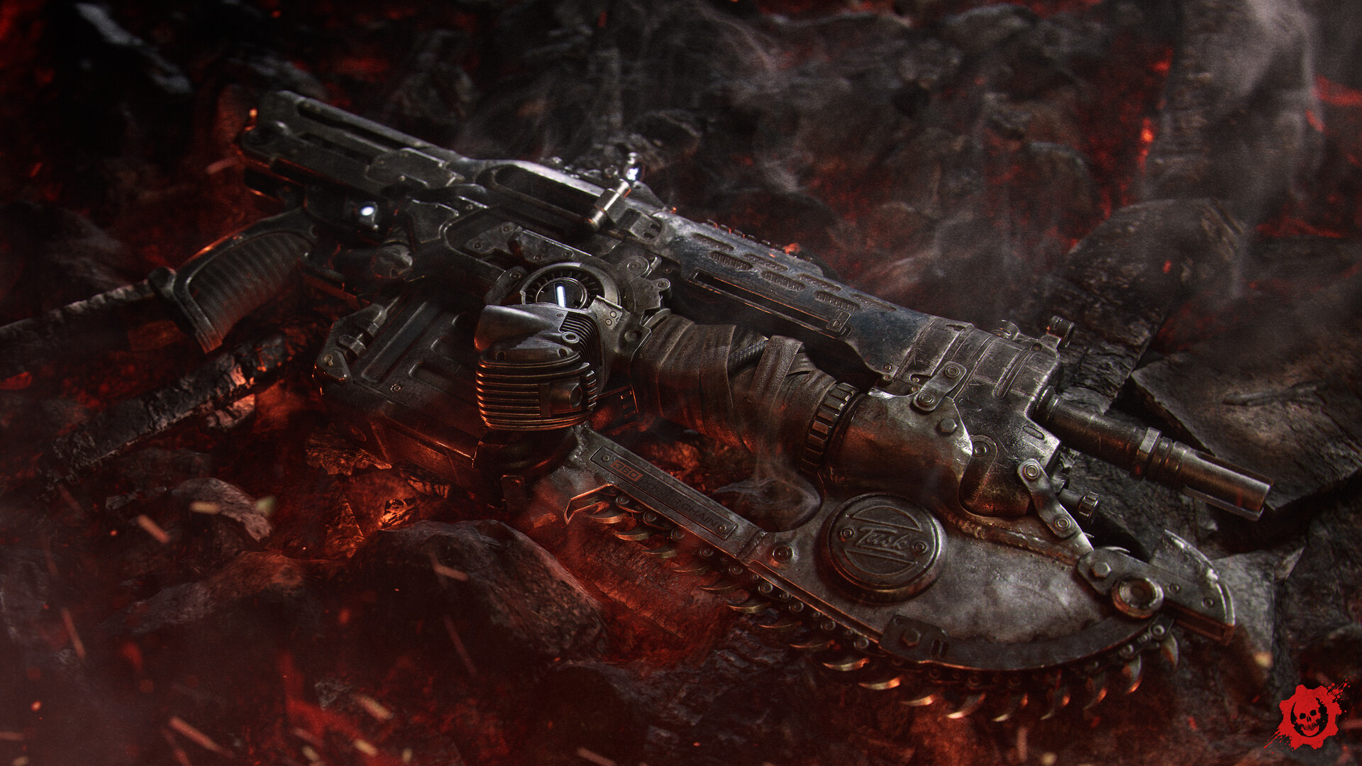 A rifle with a chainsaw bolted beneath its barrel rests on smouldering rubble