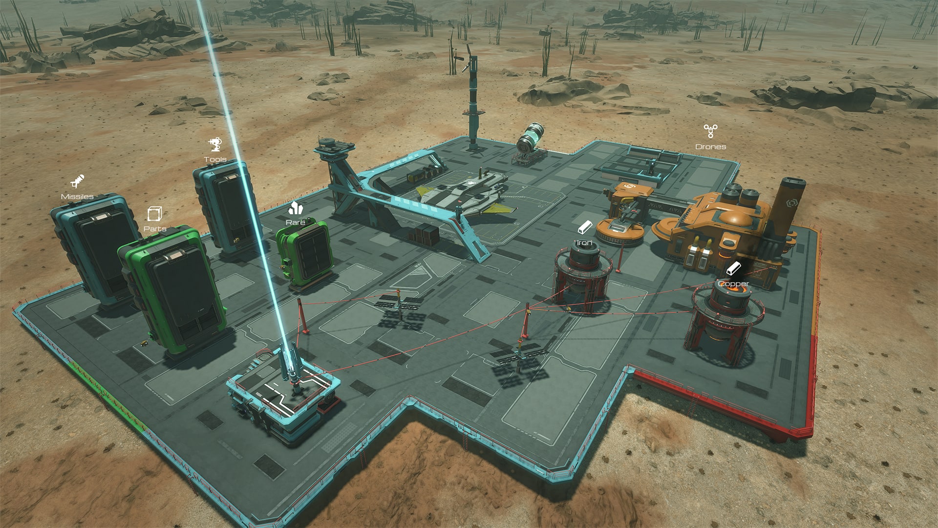 A base seen from above, with blue and green storage buildings carrying floating icon labels such as Missiles, Tools, Parts and Rare, round silos labelled Iron and Copper, a Drones label and a ship on a landing pad