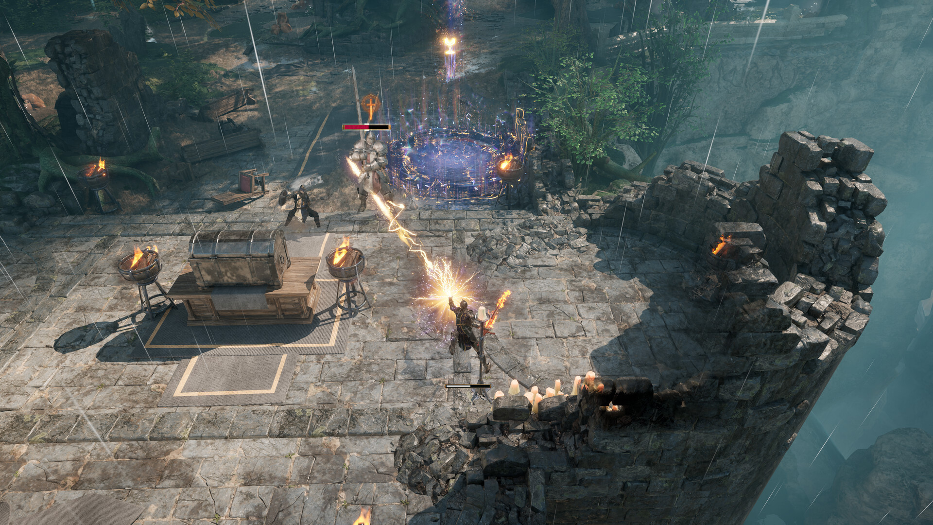 A knight answers an armoured enemy with a golden beam on the rain-soaked platform of a ruined tower