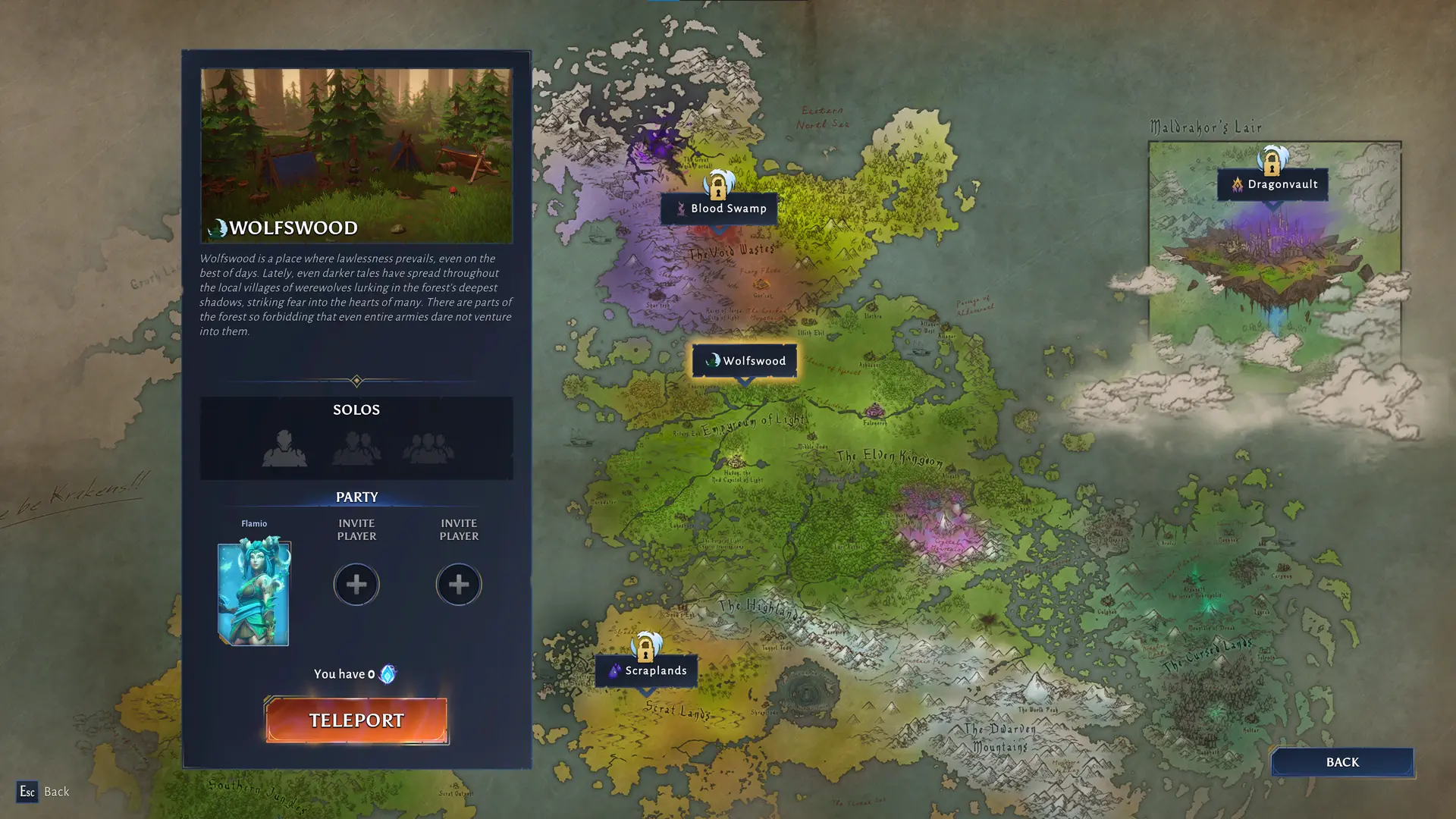 Preview mission map with Wolfswood selected and other region markers locked.