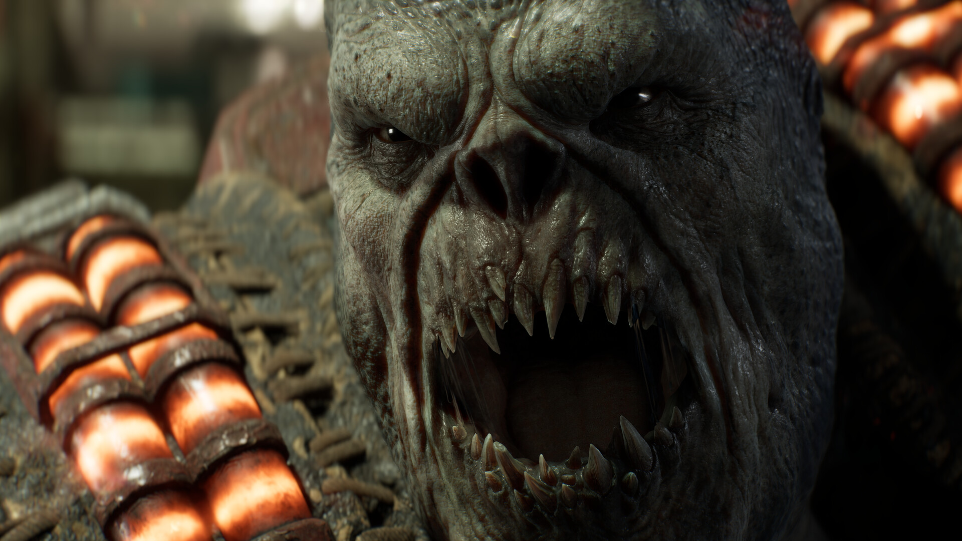 Close view of a Locust snarling beside a glowing ammunition belt