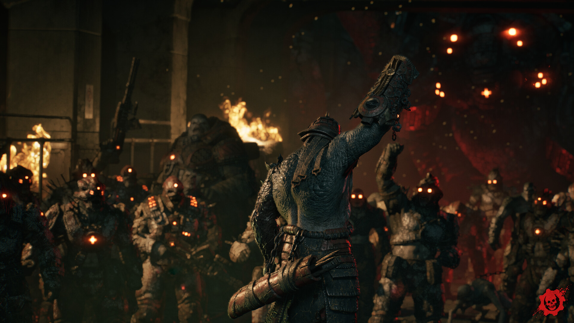 A Locust figure raises a mask overhead before a massed rank of armoured Drones with glowing visor lights