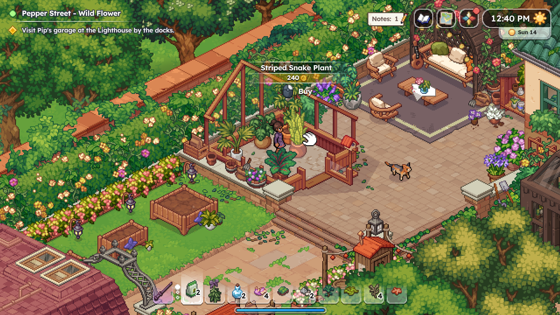 The Wild Flower gardening shop on Pepper Street, with an outdoor nursery of potted plants, planters and garden furniture and a cat wandering the terrace; a purchase tooltip prices a Striped Snake Plant at 240 and the objective tracker reads Visit Pip's garage at the Lighthouse by the docks