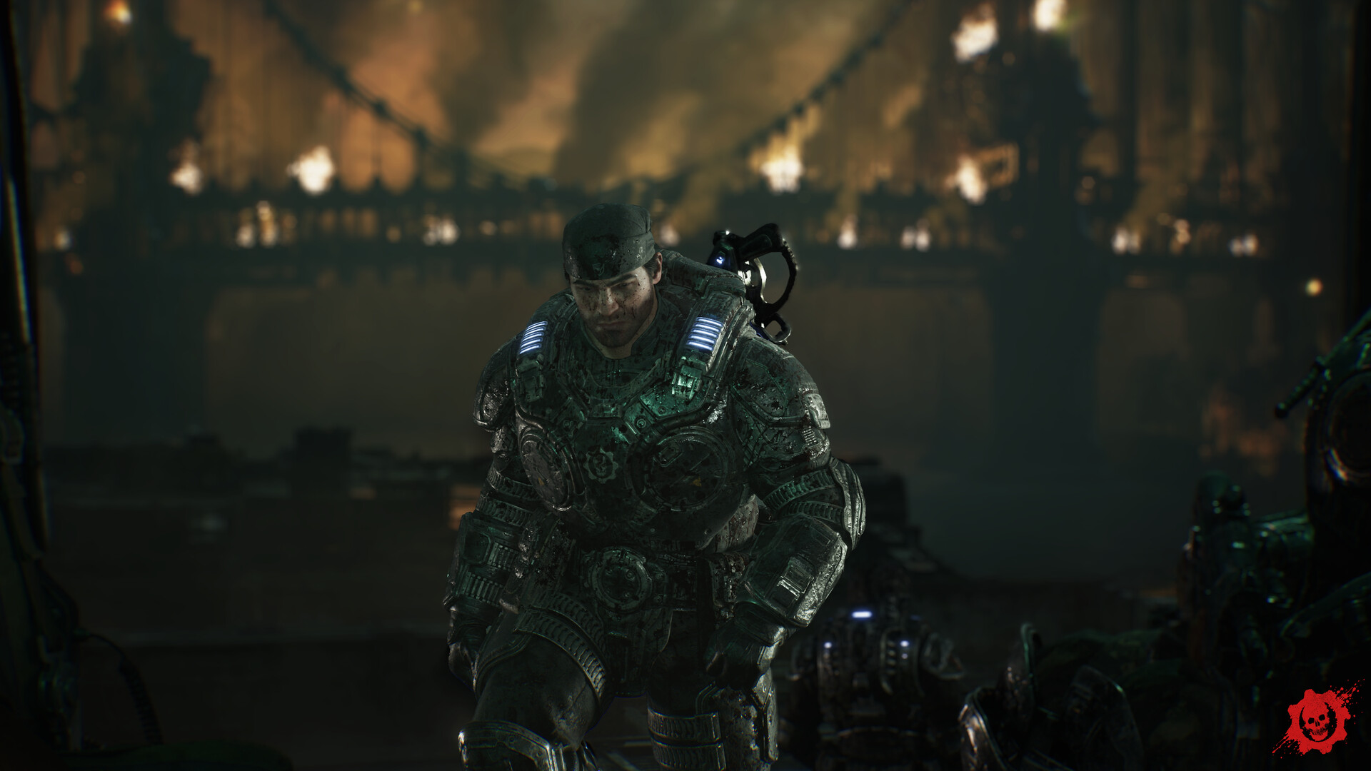 A Gear crouches on a rooftop as a suspension bridge burns across the skyline behind him