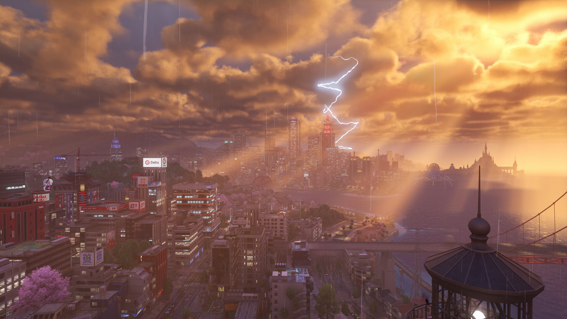 Storm clouds and lightning over the Hethereau city skyline