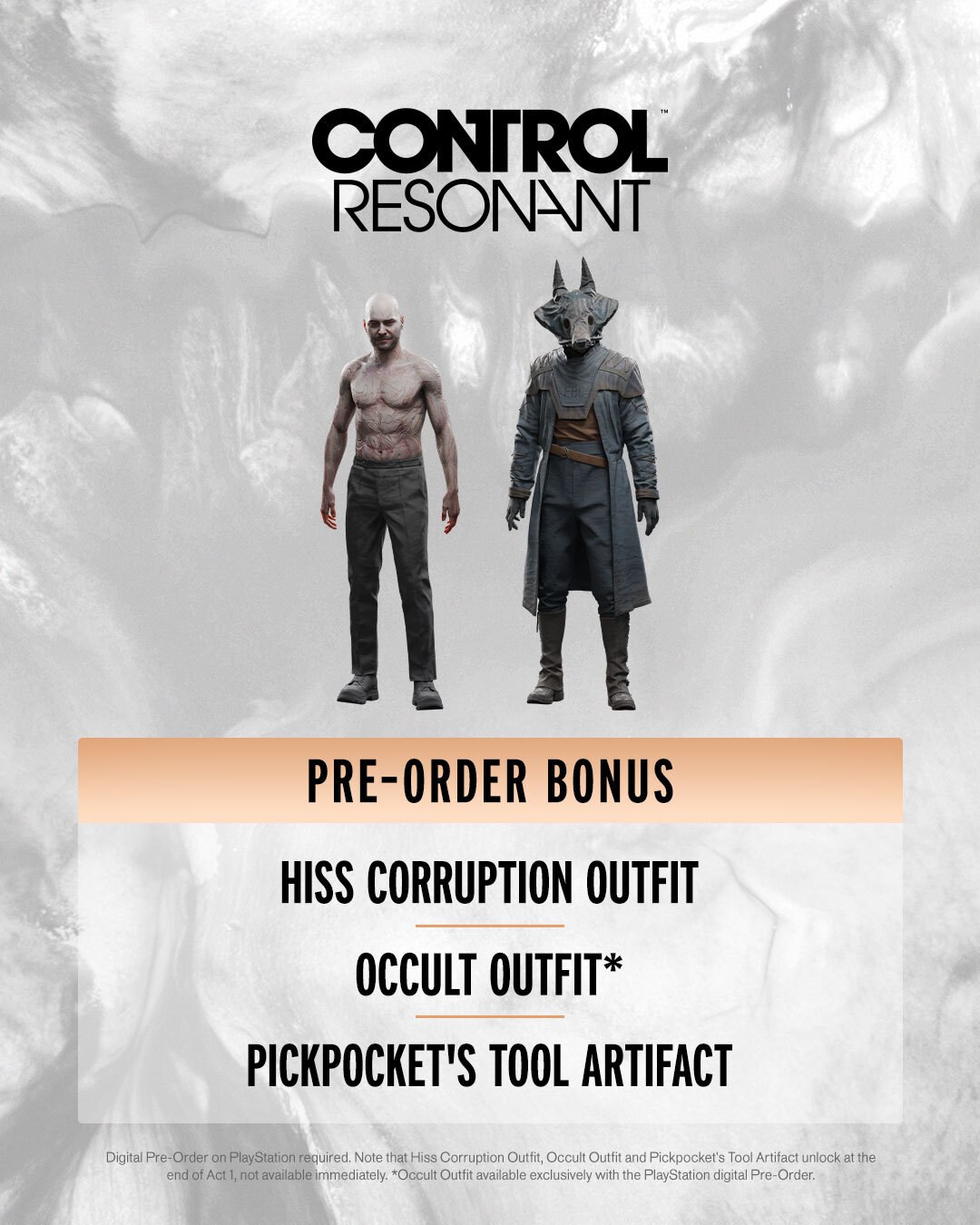 Pre-order bonus graphic showing the Hiss Corruption Outfit and the Occult Outfit on two figures above a list that also names the Pickpocket's Tool Artifact