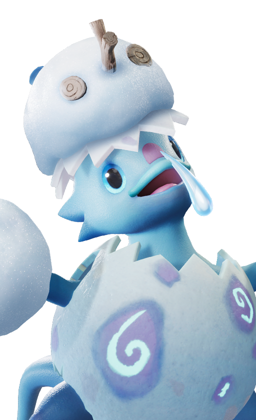 Official full-body artwork of the Aniimo Pomegg in its Snowfield Form, a Grass and Ice element Break role creature
