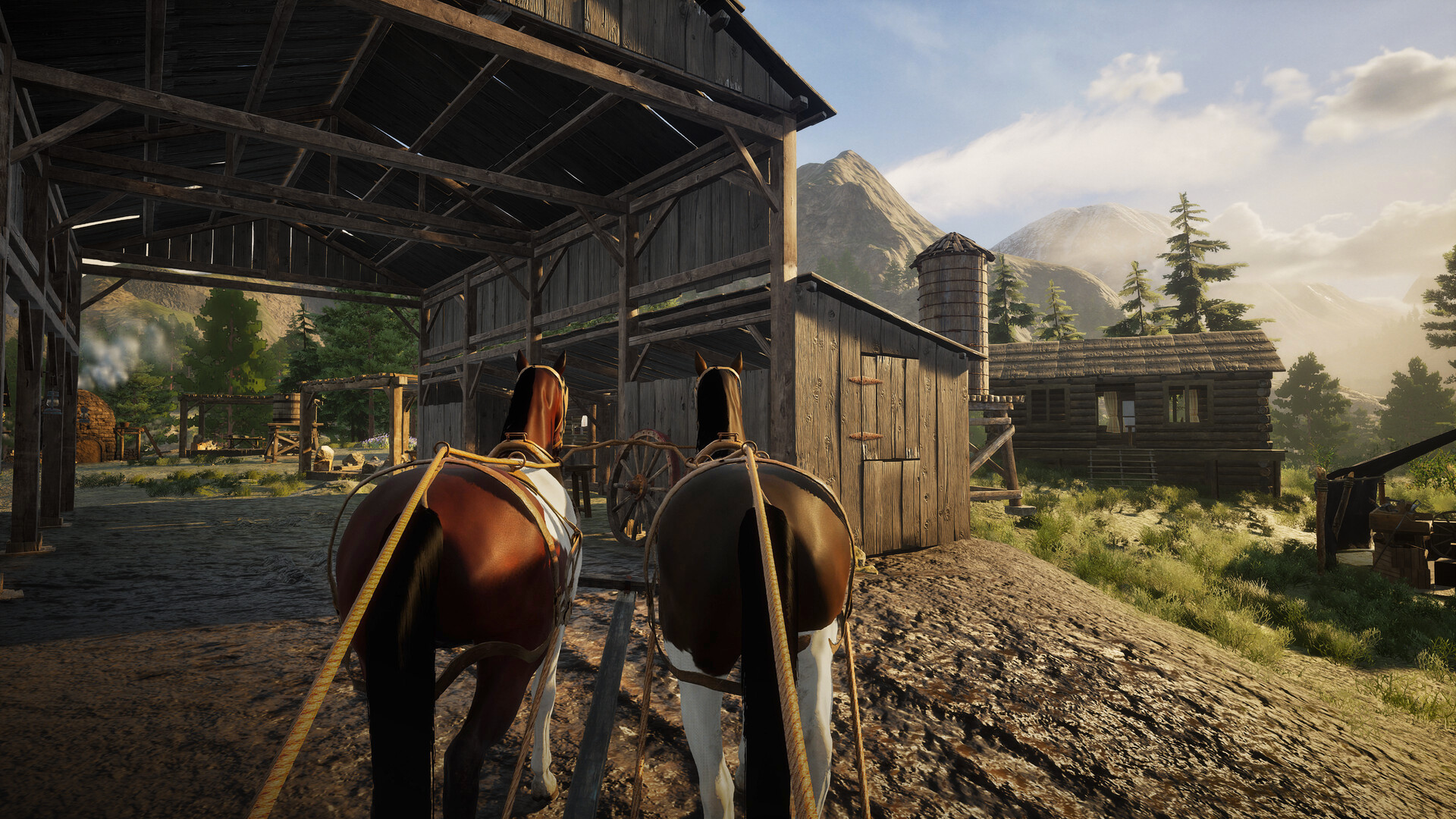 Two horses pulling the player's wagon past a timber barn and settlement buildings in Westlanders