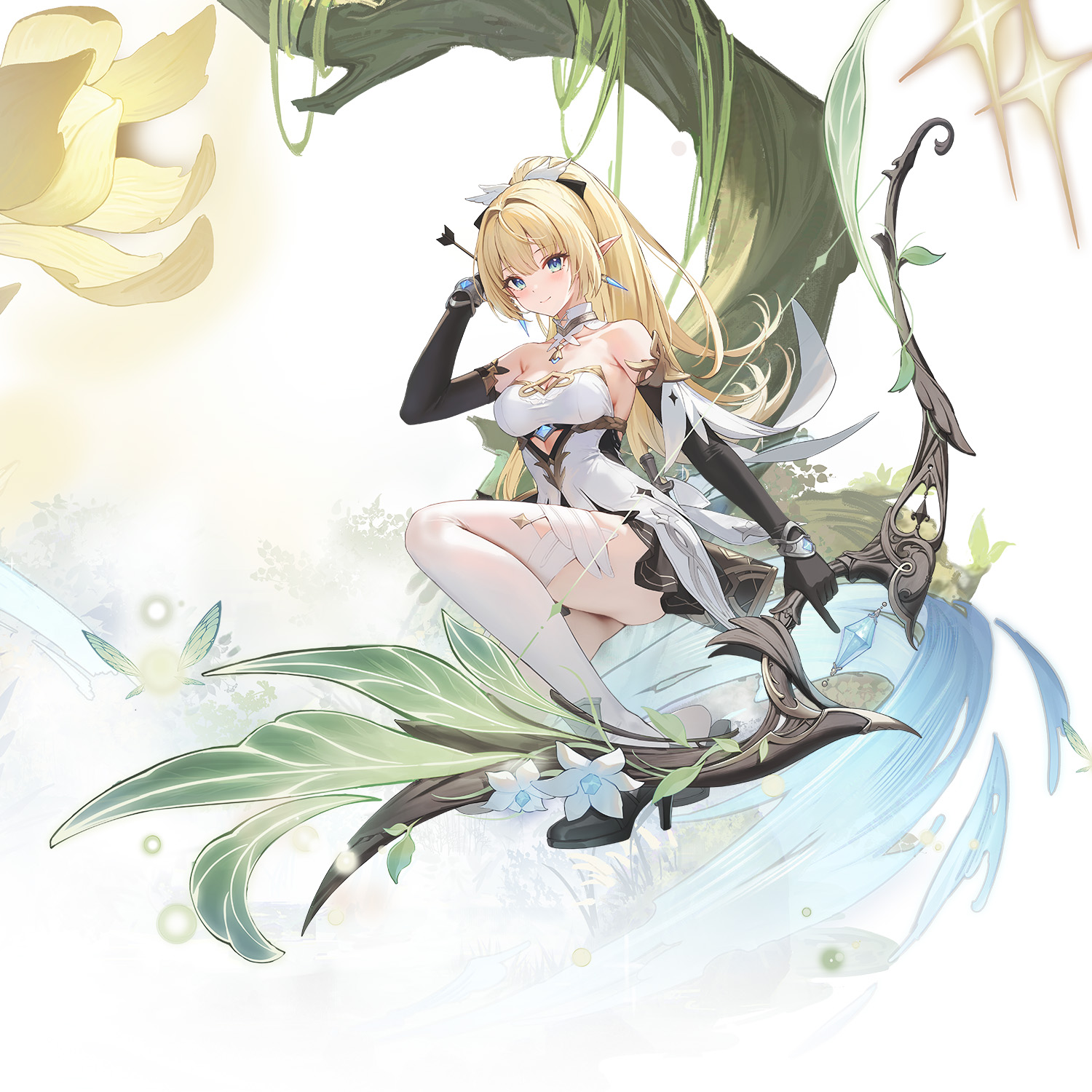 Symphoria, a blonde elf archer, posed with a large leaf-covered bow