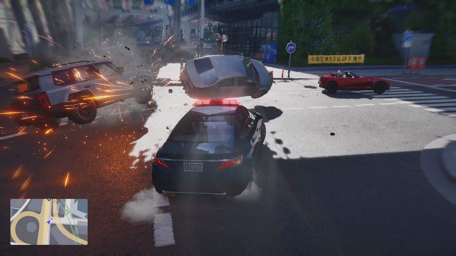 A police pursuit sending civilian cars tumbling through a city intersection