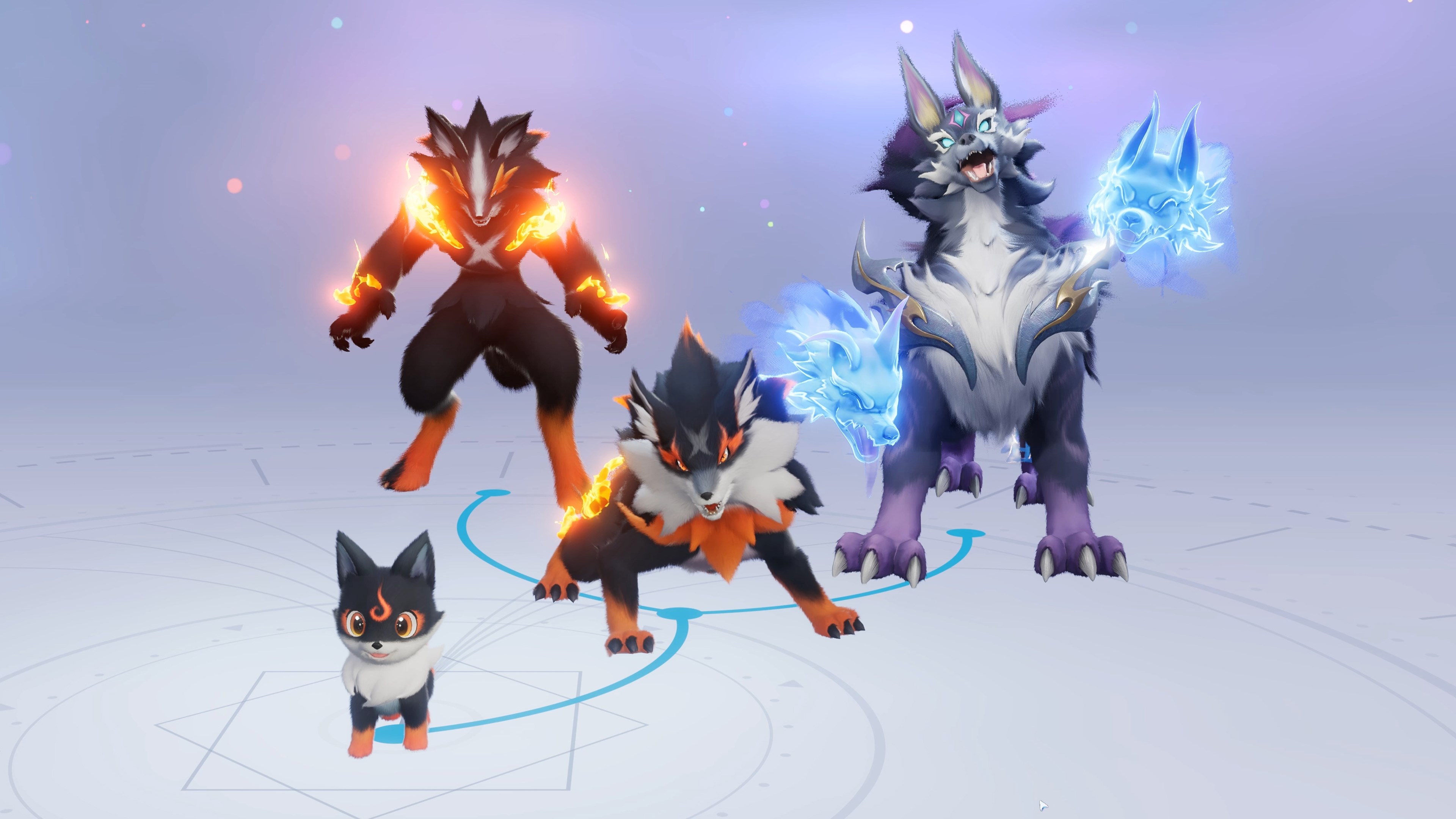Four Aniimo posed together on a circular display platform, two wreathed in flame and one crackling with blue ice