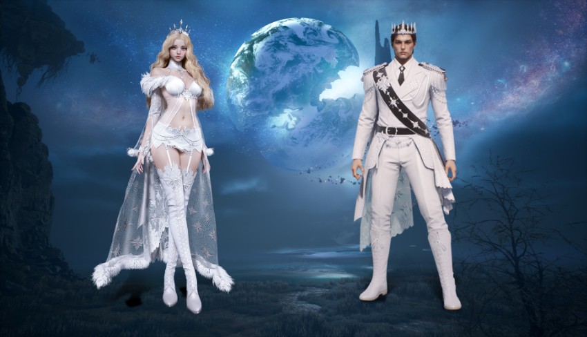 The Moonlit Aria Armor Skin worn by a crowned woman in a white feathered gown and a crowned man in a white uniform under a full moon