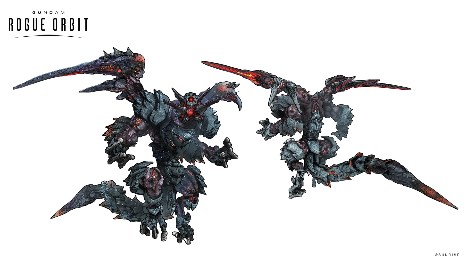 Official concept art of two Apocalypse creatures, dark plated forms with glowing red seams and long blade-like limbs