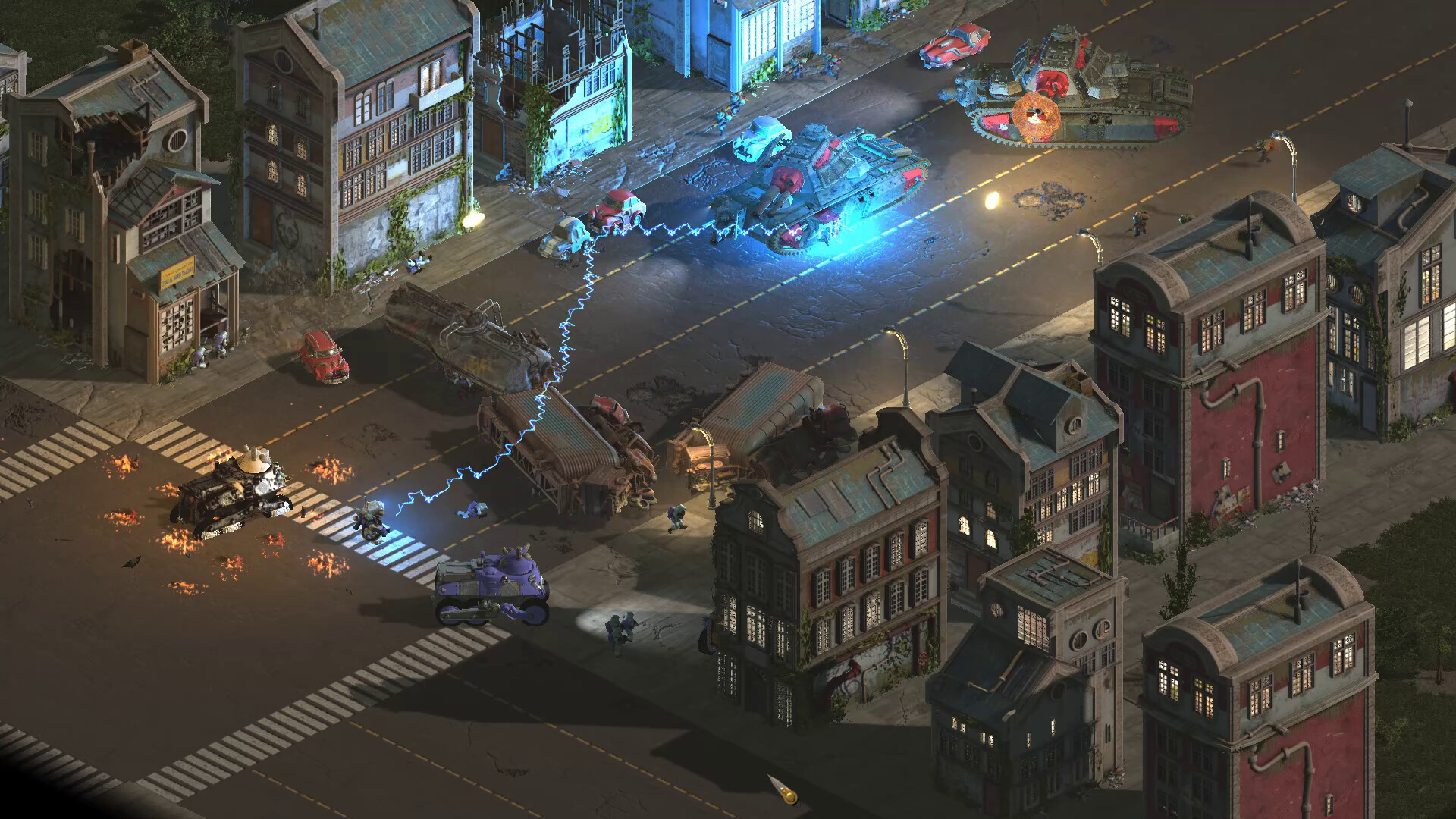 Vehicles firing electrical arcs down a city street at night in D.O.R.F.