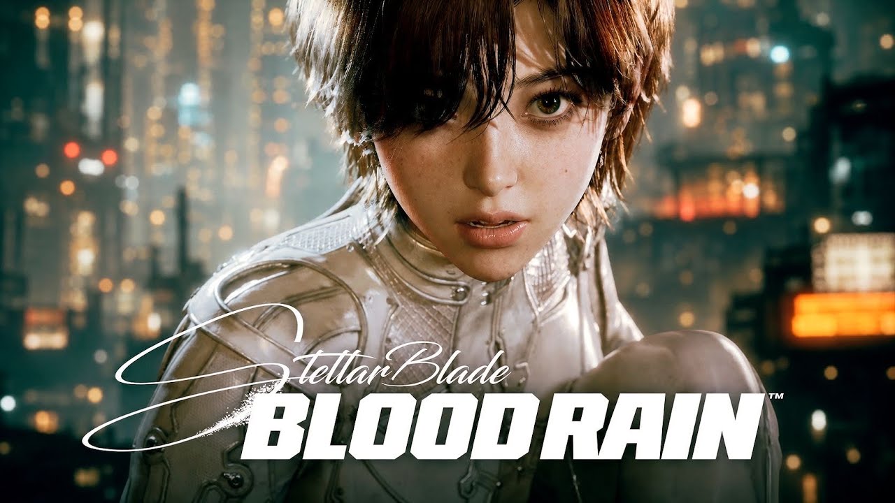 Evie in a segmented silver bodysuit, framed close against out-of-focus neon high-rises, with the Stellar Blade: BLOOD RAIN title logo