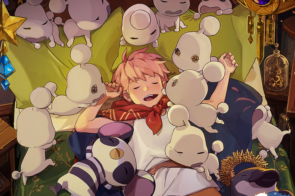Bloomwalker key visual showing the protagonist asleep on a bed surrounded by small white spirits