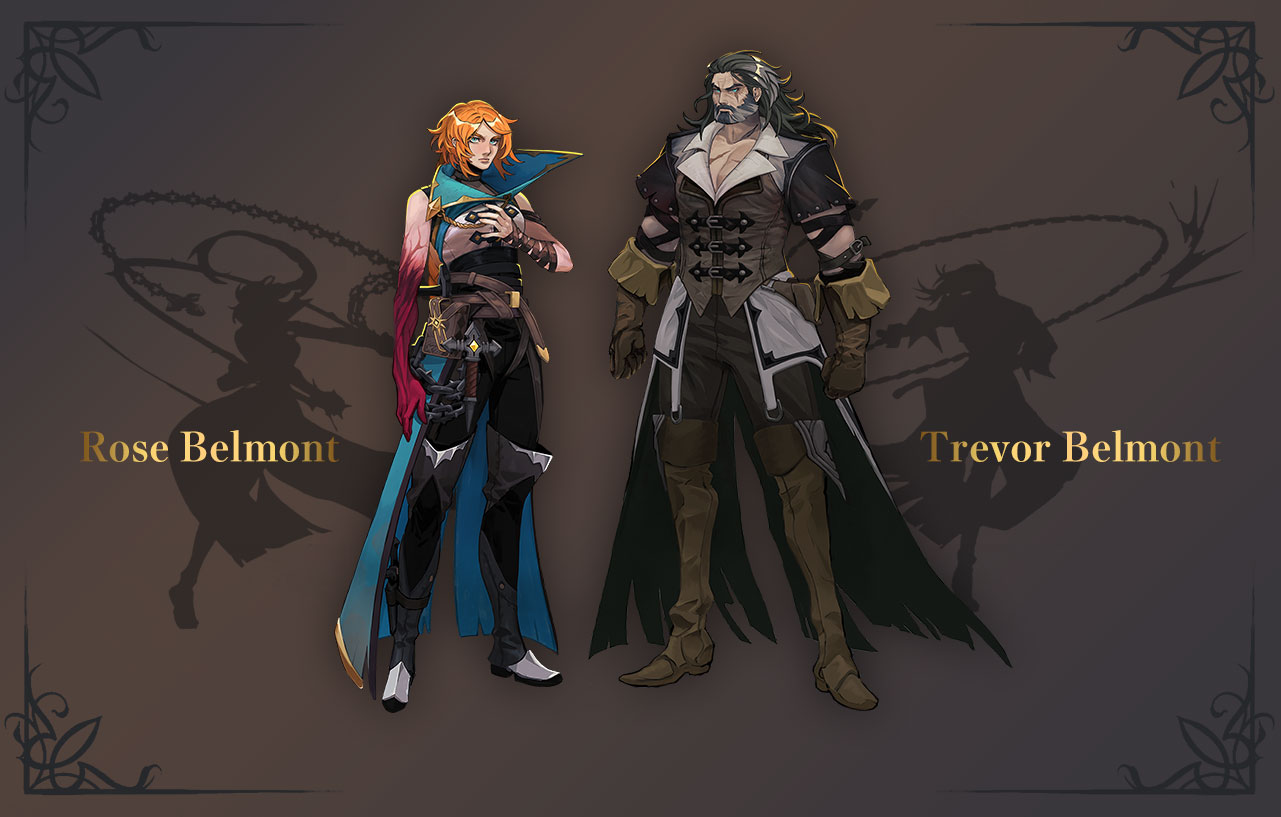 Official character art of Rose Belmont and Trevor Belmont standing side by side with their whips silhouetted behind them