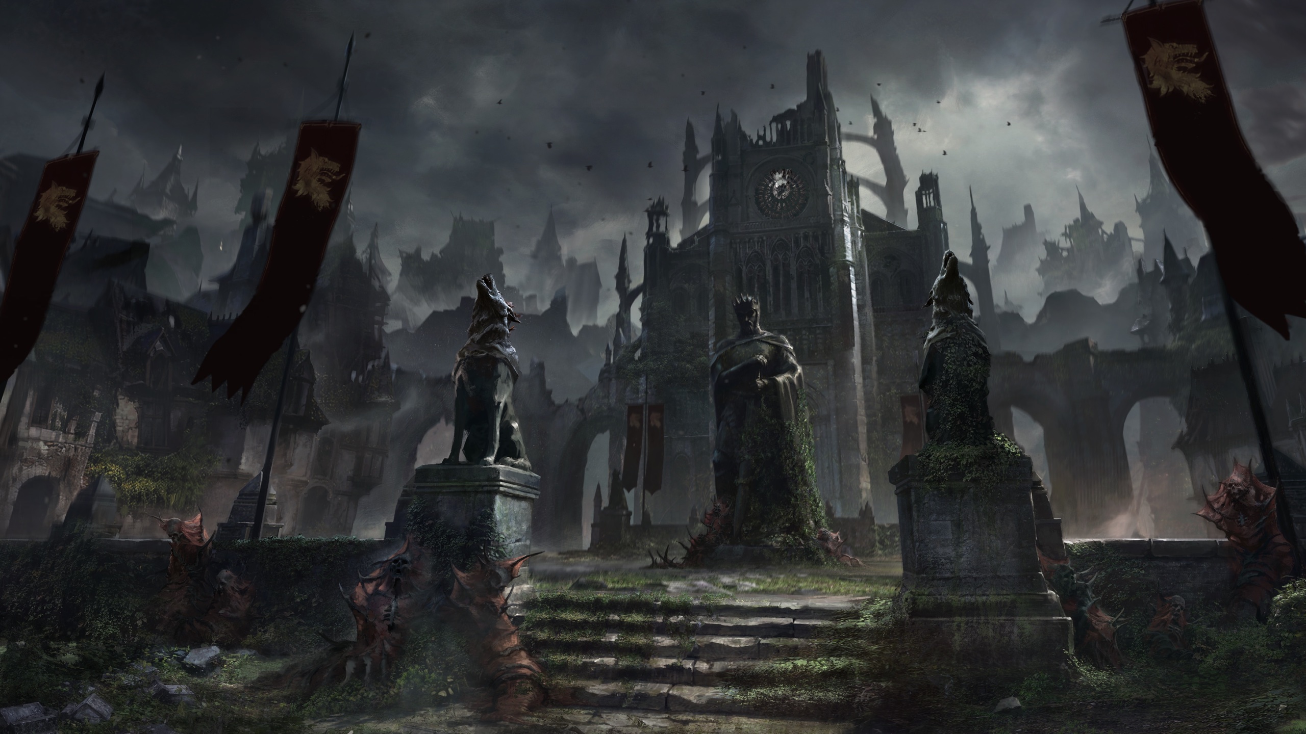 Concept art of a ruined cathedral square with weathered statues and red lion banners under a dark sky
